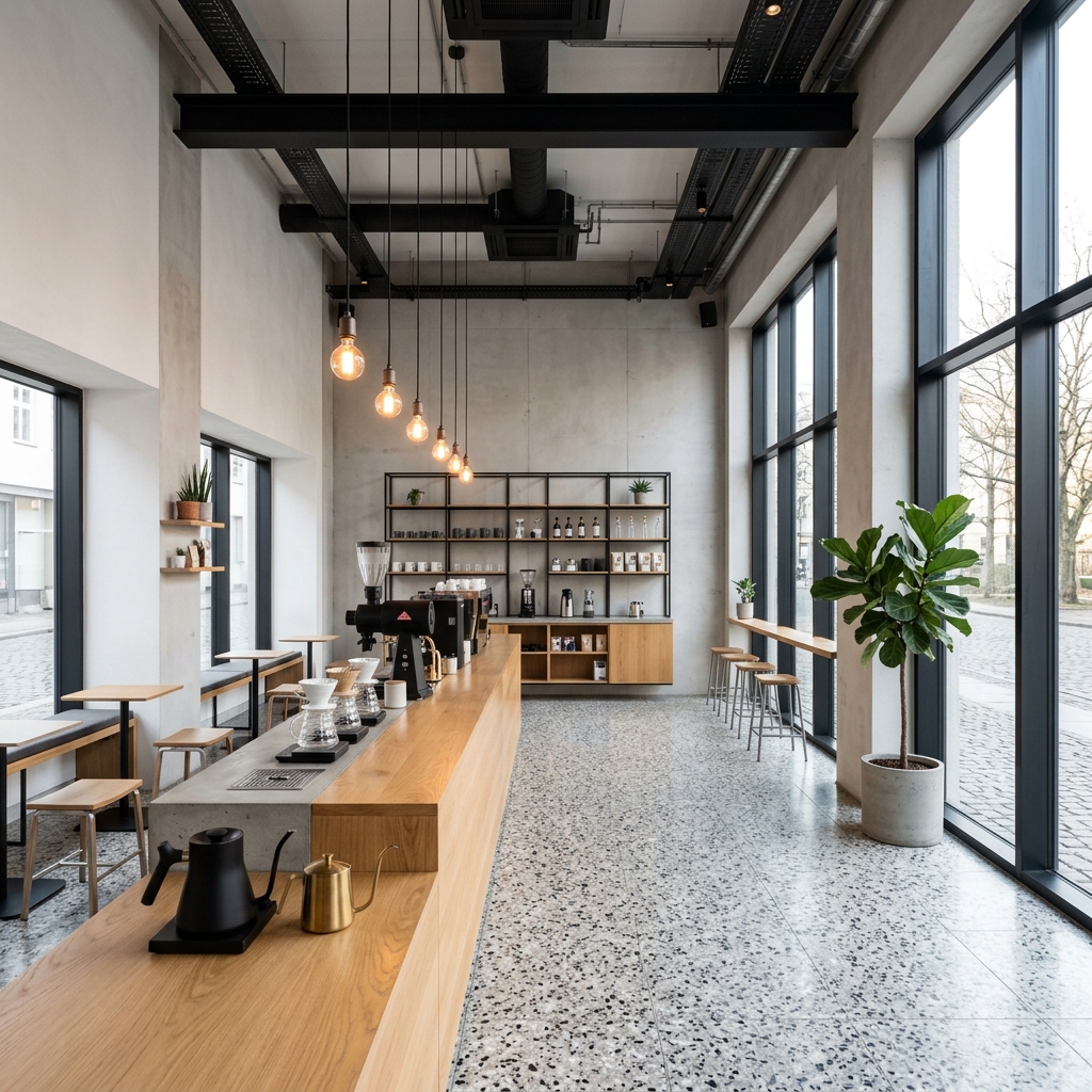 Diseño de café minimalista estilo japonés moderno diseñado por NODO Estudio