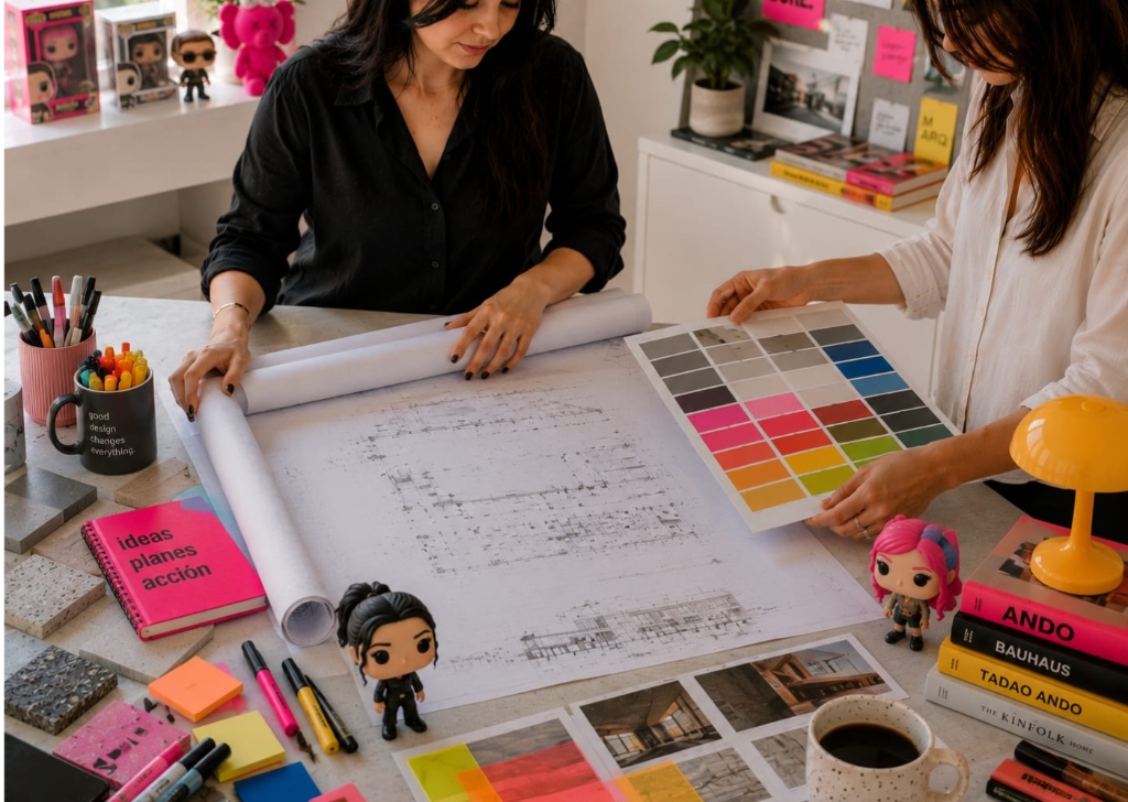 Las fundadoras de MAROZ Estudio trabajando con planos y materiales