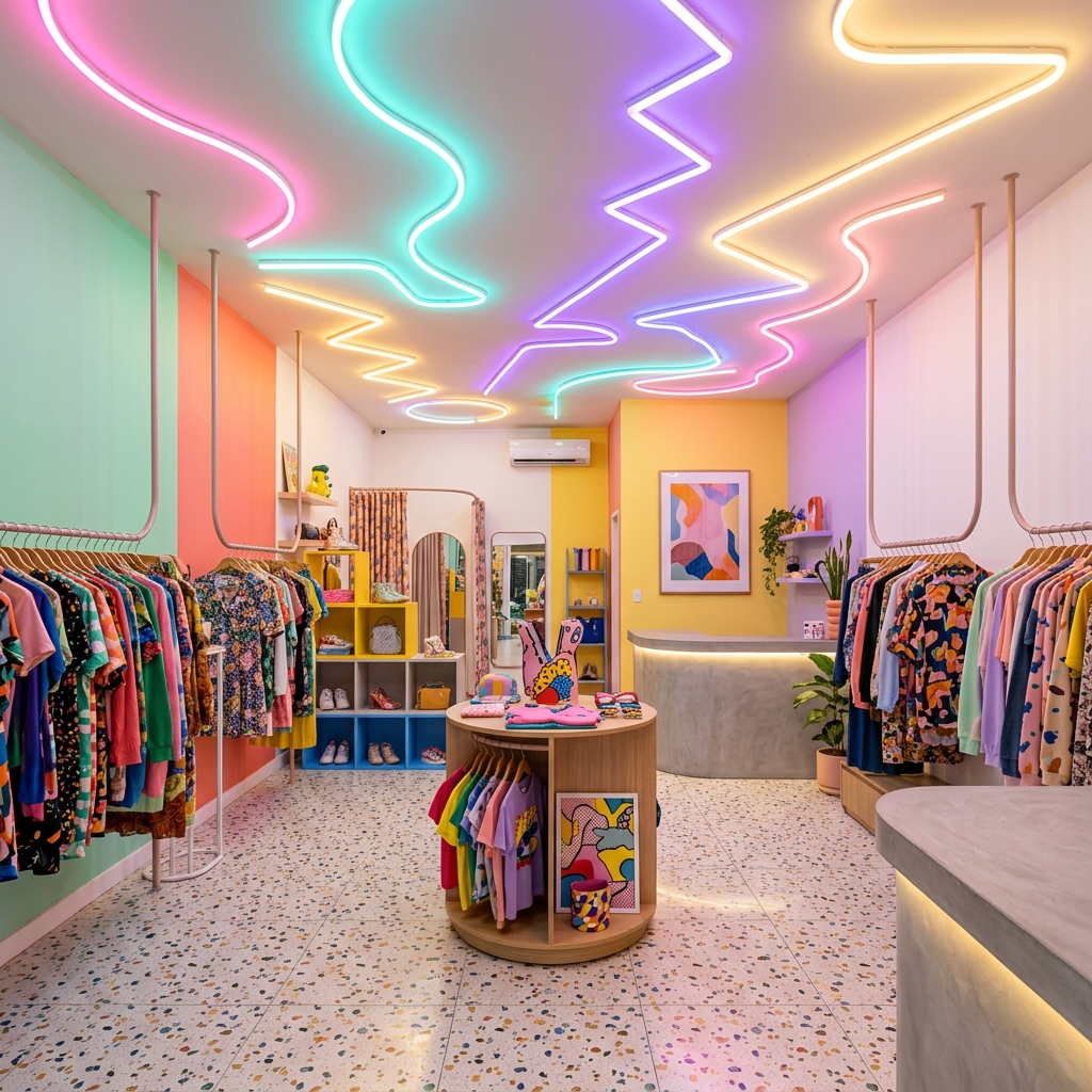 Diseño lúdico y creativo de tienda de luces diseñado por NODO Estudio